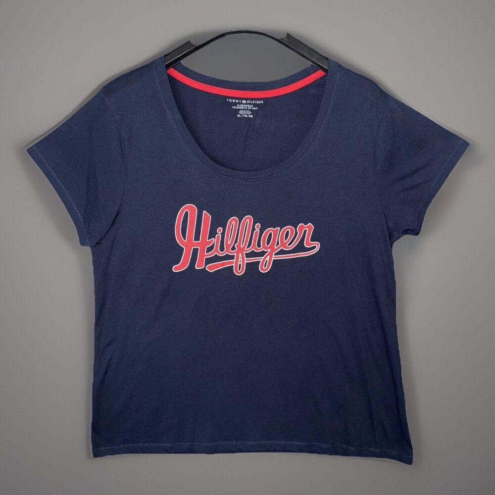 Tommy Hilfiger Womens XL Sleepwear Tee Navy Red Script Logo Pajama Top Lounge